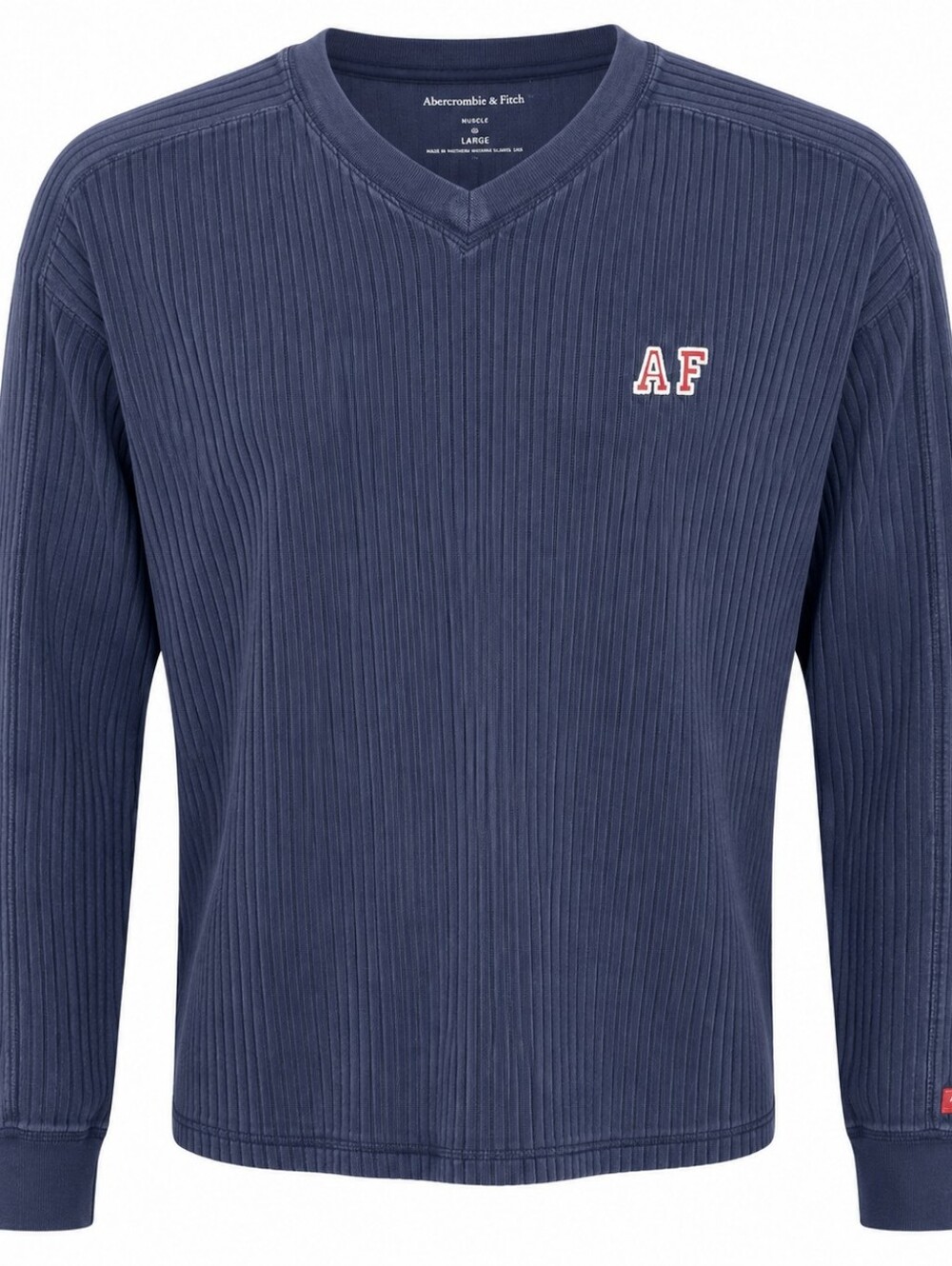 ABERCROMBIE & FITCH | Navy Ribbed Muscle V-Neck Long Sleeve Y2K Logo Top | L